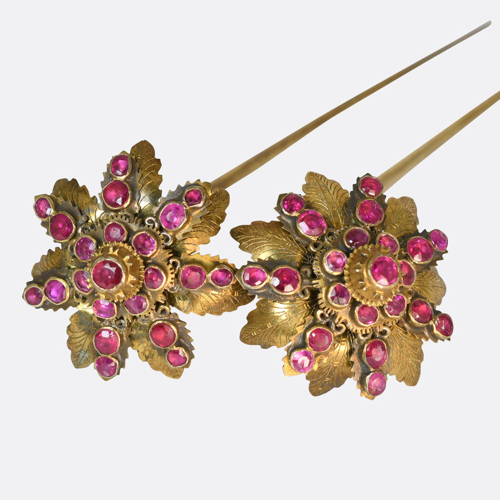 Antique Ruby Flower Cluster Hair Pins