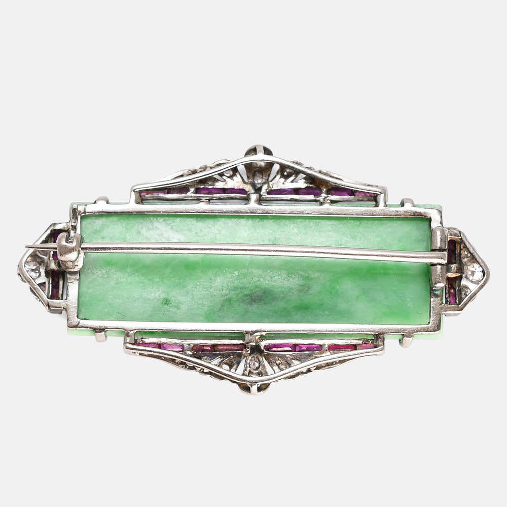 Art Deco Carved Jade & Diamond Panel Brooch