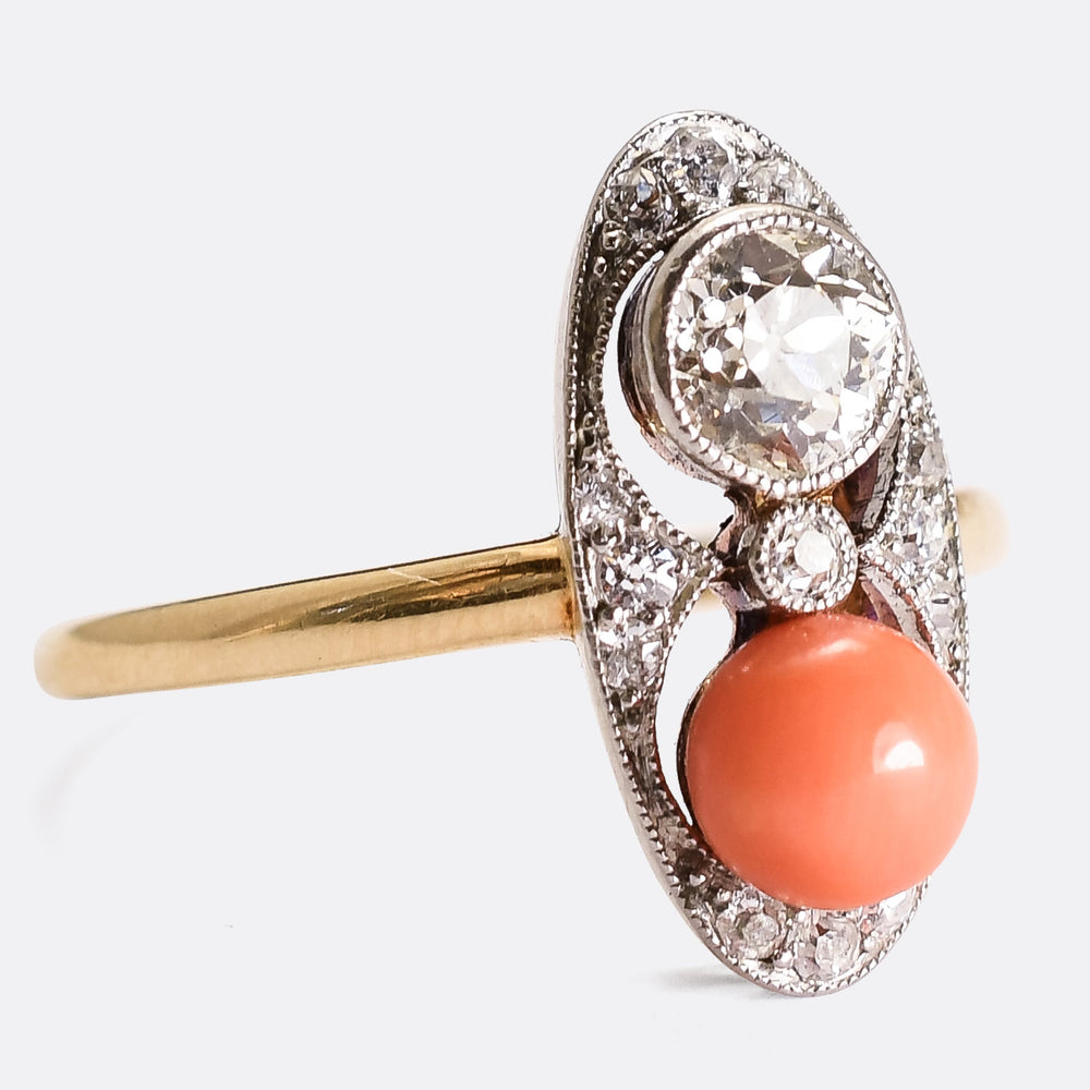 Art Deco Coral & Diamond Cluster Ring