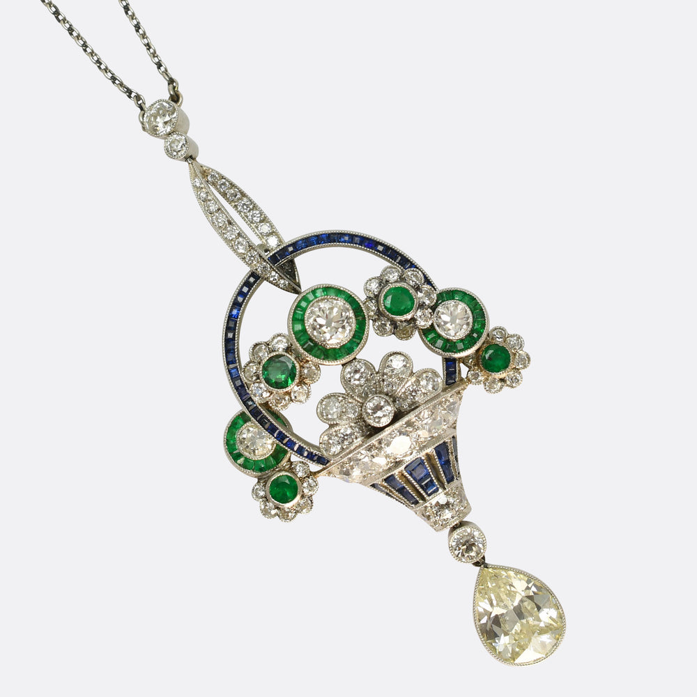 Art Deco Diamond, Sapphire & Emerald Giardinetti Pendant