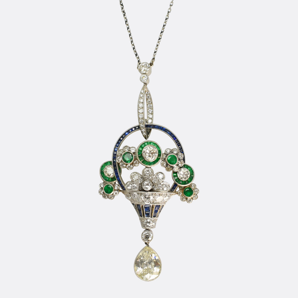 Art Deco Diamond, Sapphire & Emerald Giardinetti Pendant