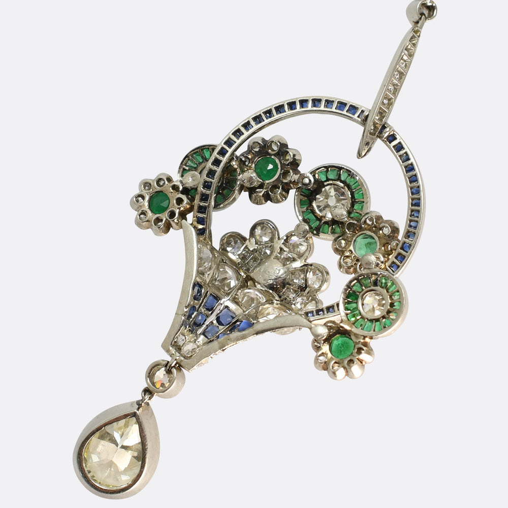 Art Deco Diamond, Sapphire & Emerald Giardinetti Pendant