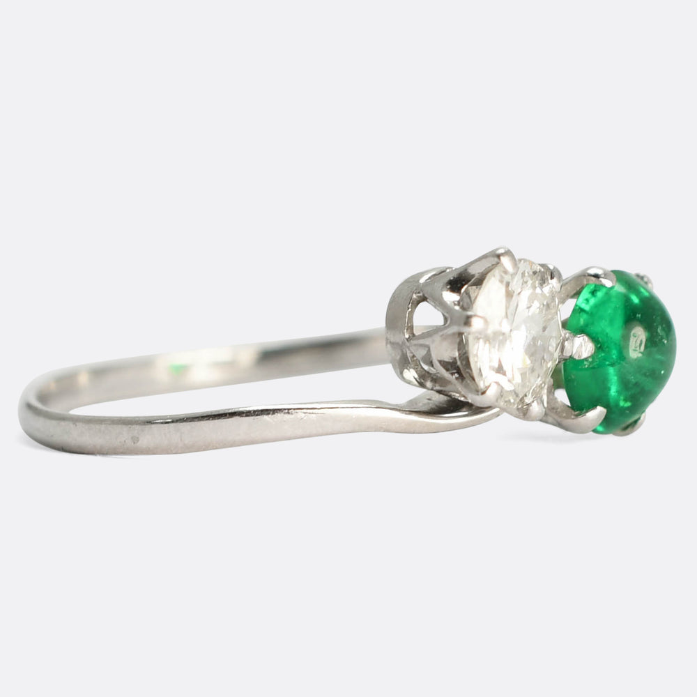 Art Deco Emerald Cabochon & Diamond Toi et Moi Ring