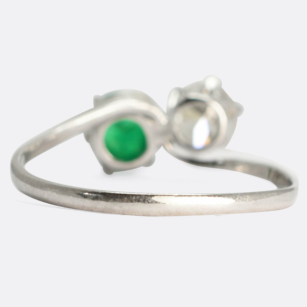 Art Deco Emerald Cabochon & Diamond Toi et Moi Ring