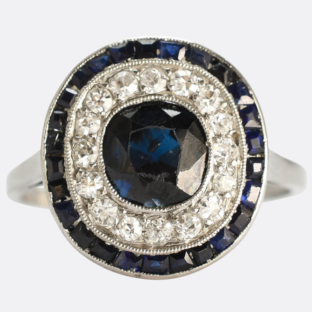 Art Deco French Sapphire & Diamond Target Ring