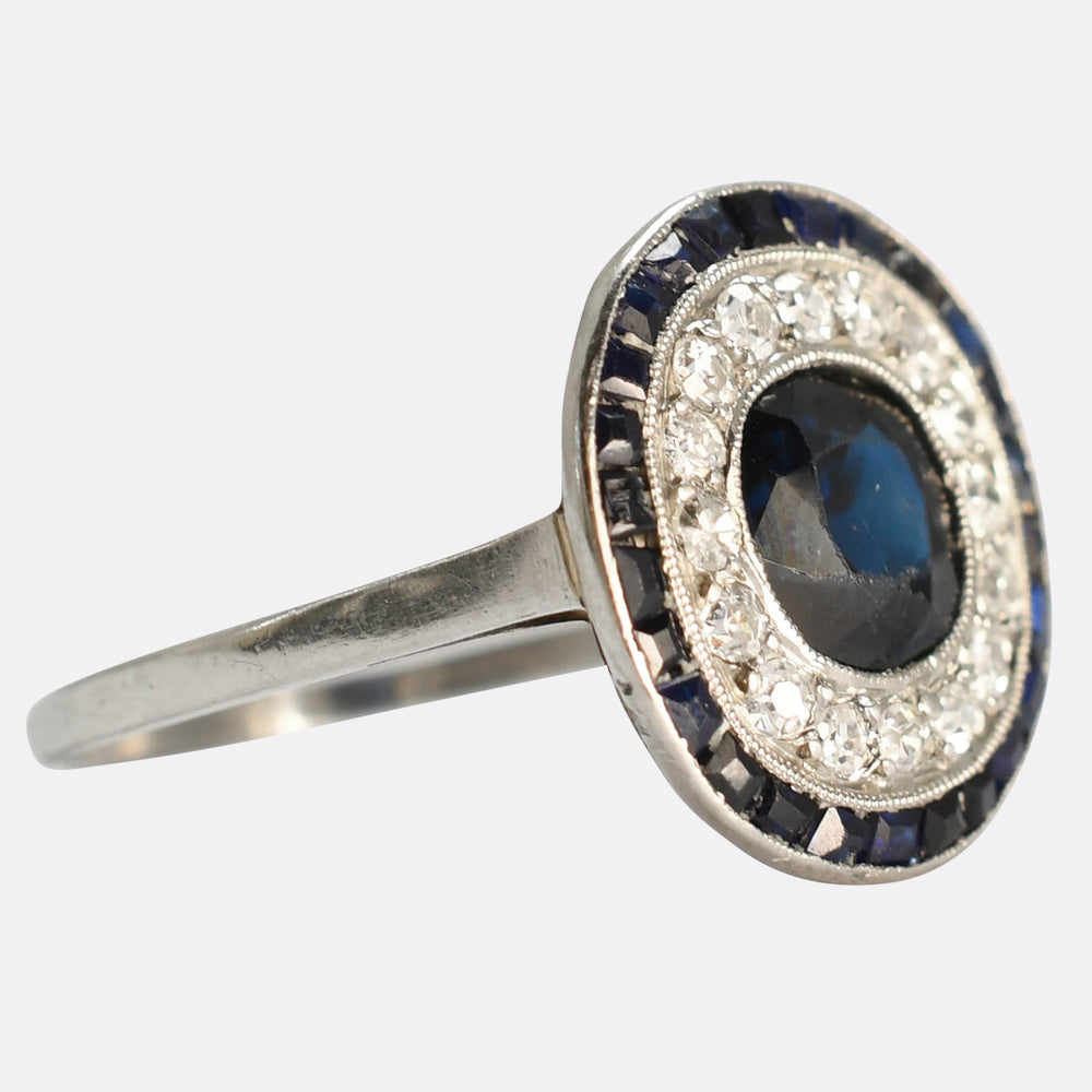 Art Deco French Sapphire & Diamond Target Ring