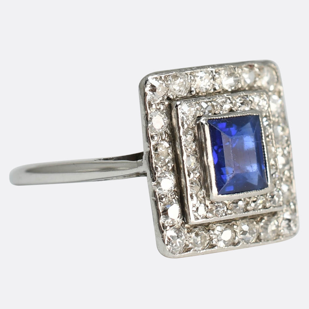 Art Deco Sapphire & Diamond Square Cluster Ring