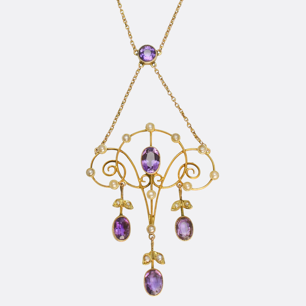 Art Nouveau Amethyst & Pearl Lavaliere Pendant Necklace