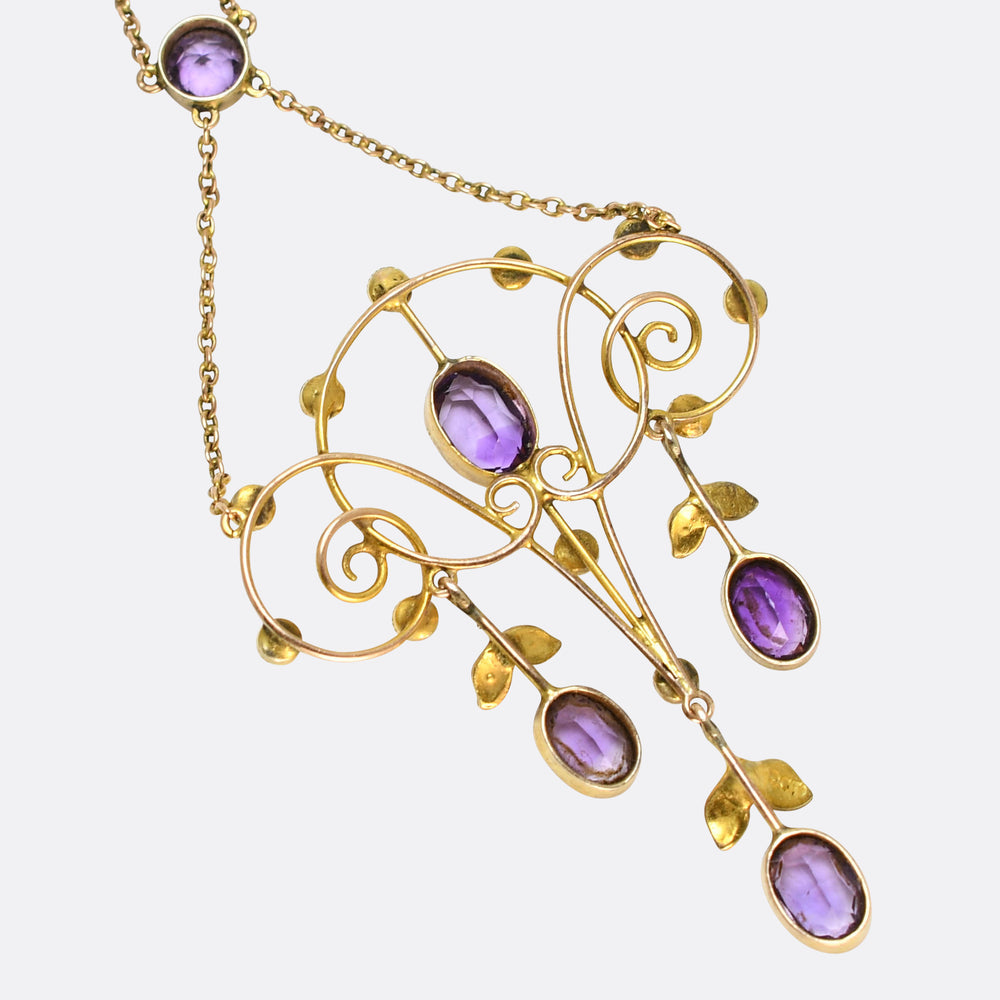 Art Nouveau Amethyst & Pearl Lavaliere Pendant Necklace