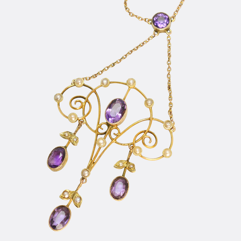 Art Nouveau Amethyst & Pearl Lavaliere Pendant Necklace