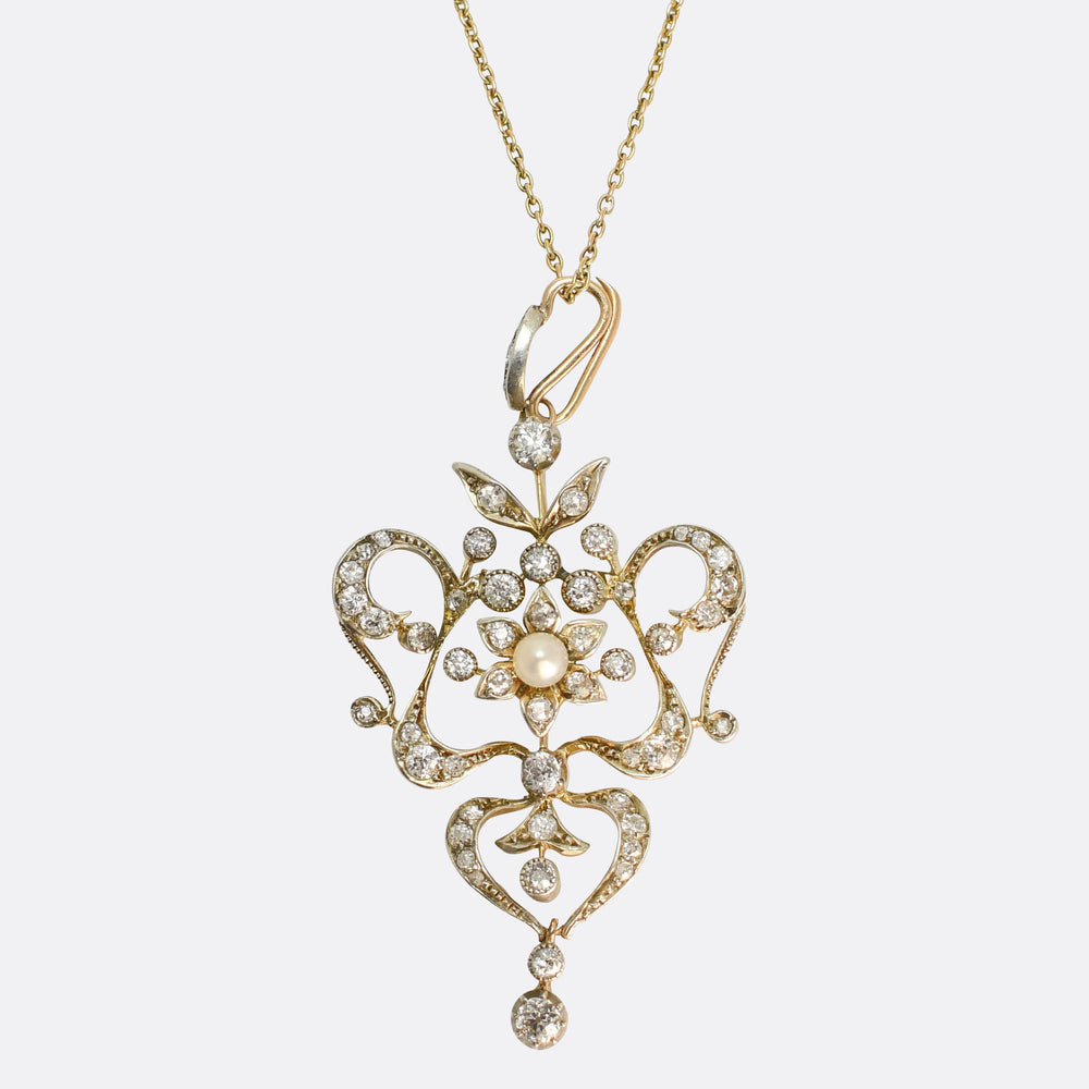 Art Nouveau Diamond & Pearl Lavaliere Pendant