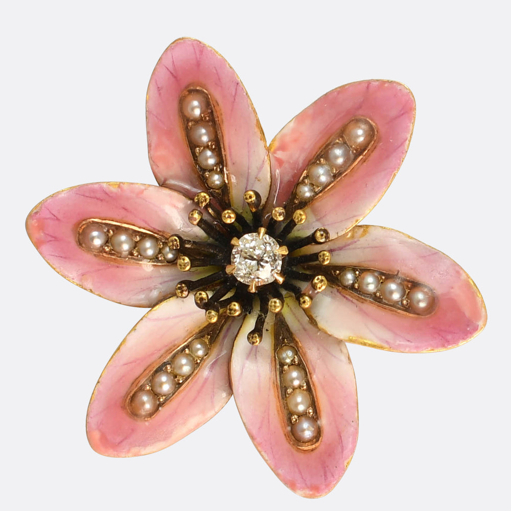 Art Nouveau Diamond, Pearl & Enamel Flower Pendant Brooch