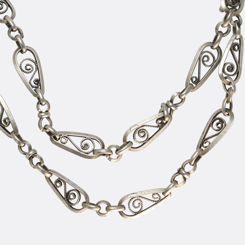 Art Nouveau French Silver Long Guard Chain 56