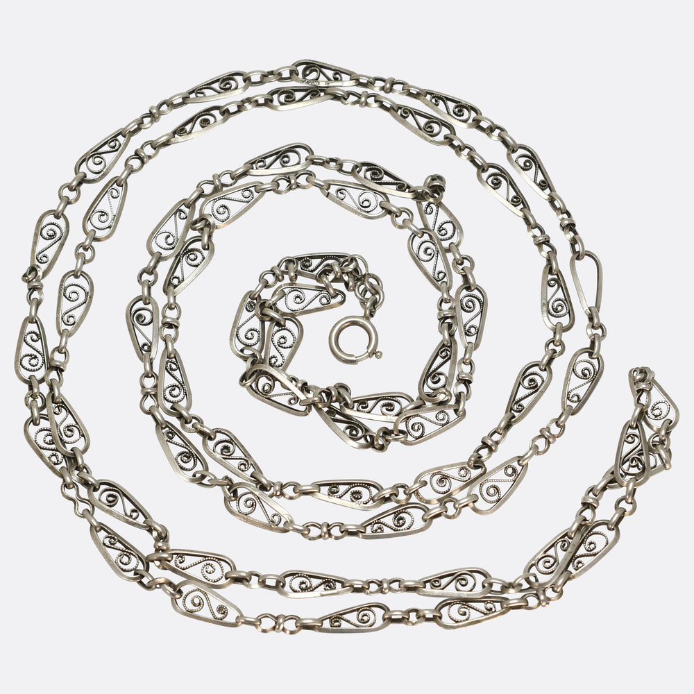 Art Nouveau French Silver Long Guard Chain 56