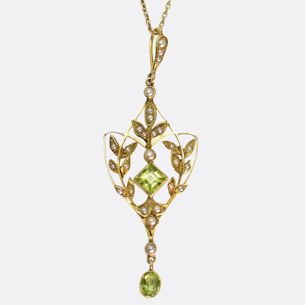 Art Nouveau Peridot & Pearl Lavaliere Pendant