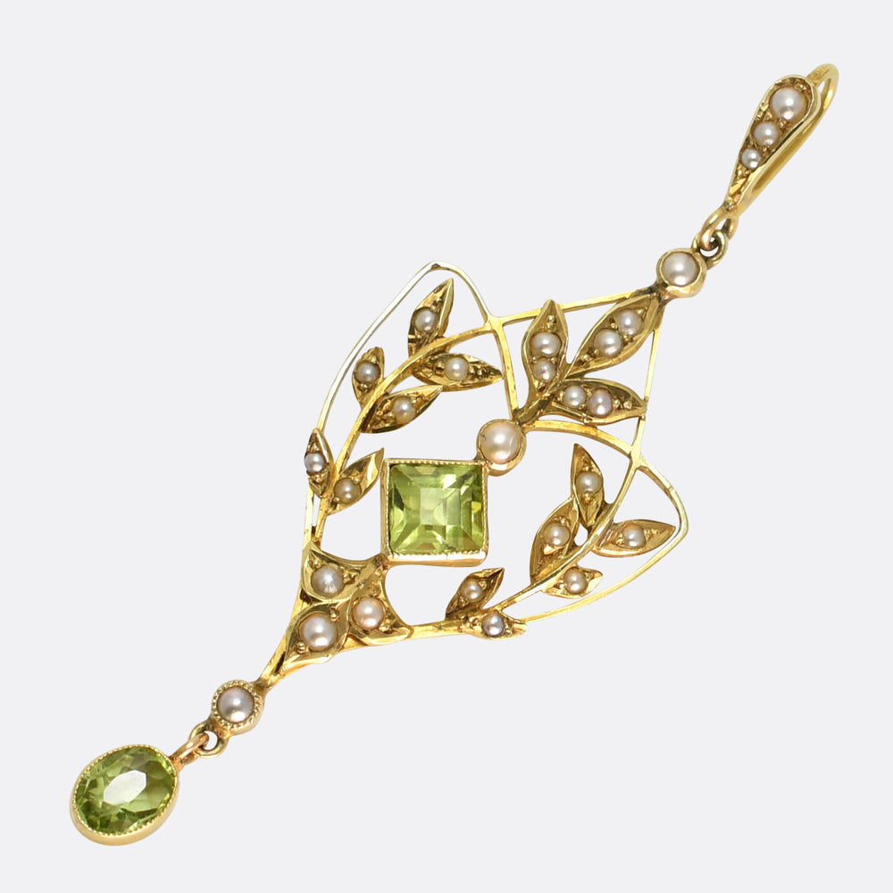 Art Nouveau Peridot & Pearl Lavaliere Pendant