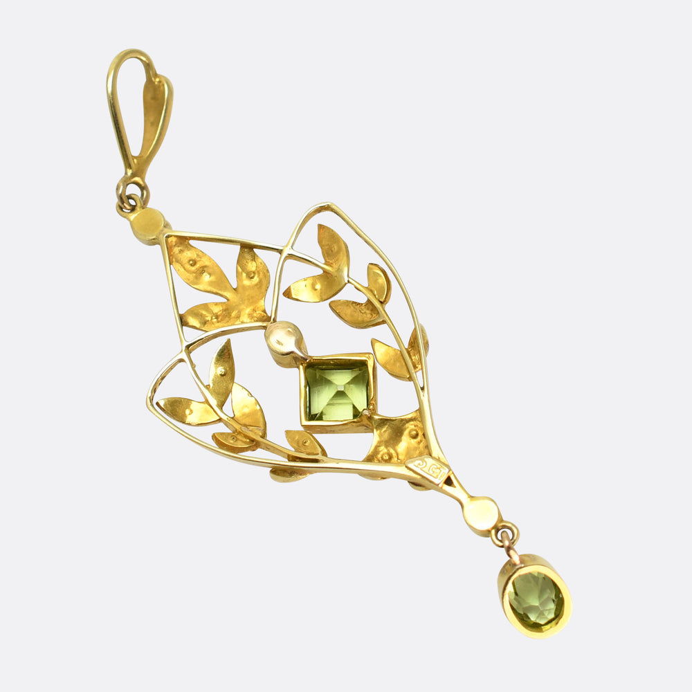 Art Nouveau Peridot & Pearl Lavaliere Pendant