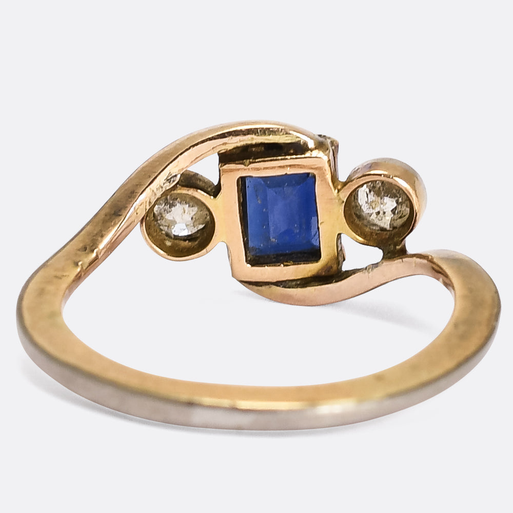 Art Nouveau Three-Stone Sapphire & Diamond Crossover Ring