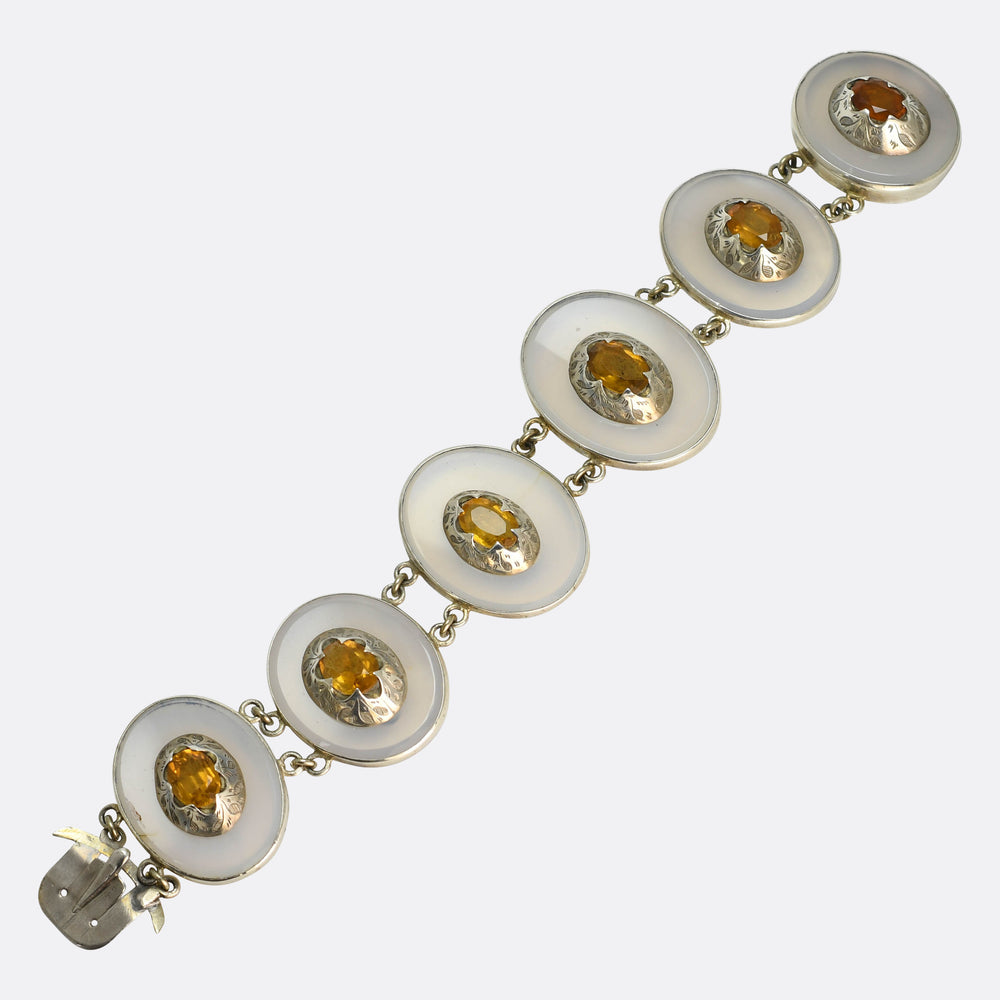 Arts & Crafts Scottish Citrine & Lace Agate Panel Bracelet