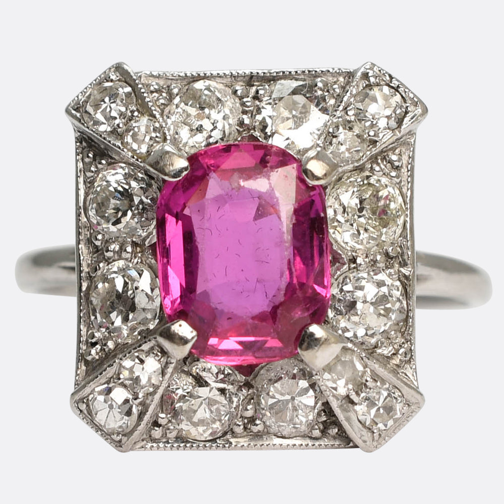 Belle Époque Burma Pink Sapphire & Diamond Square Cluster Ring