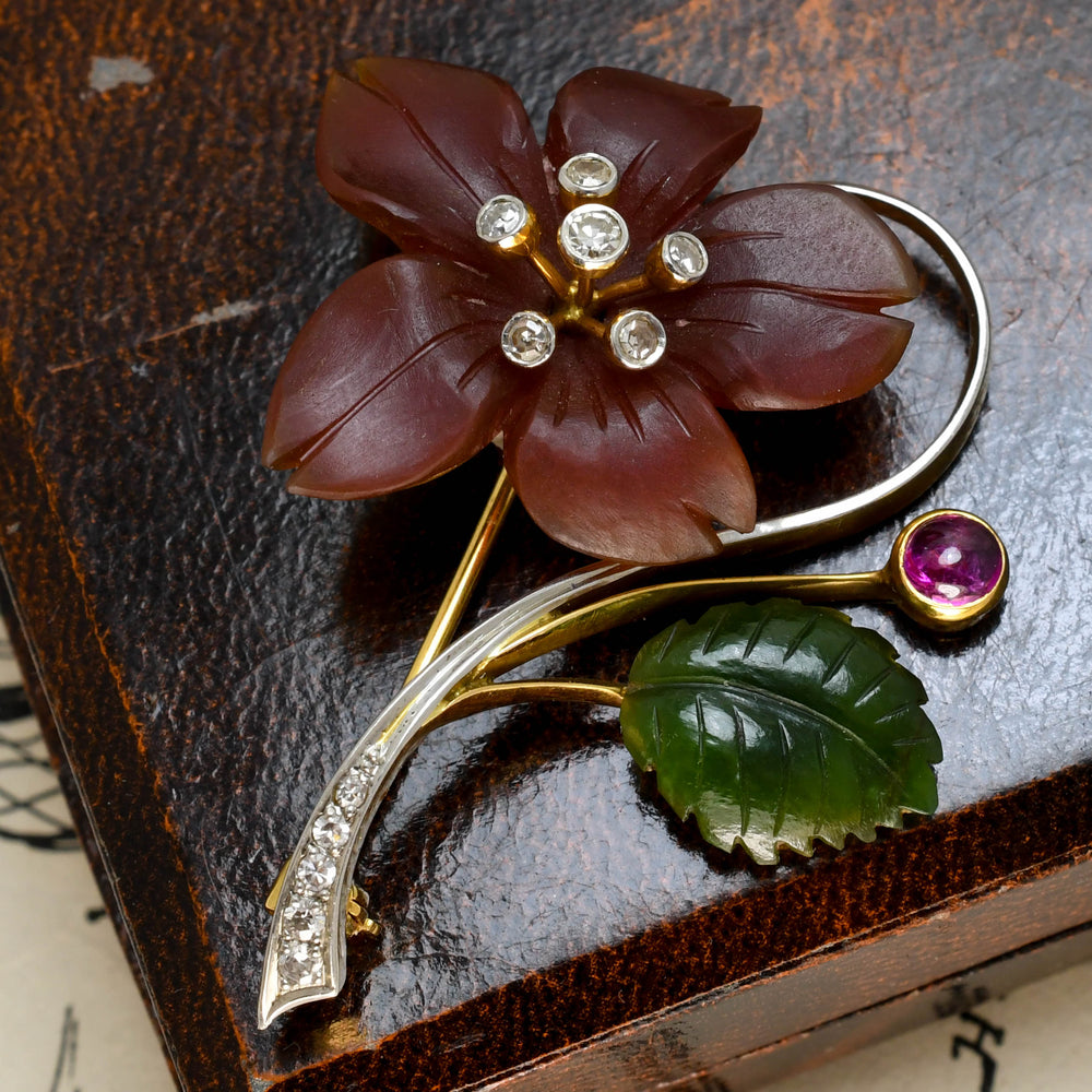 French Art Nouveau Carved Agate, Ruby & Diamond Flower Brooch
