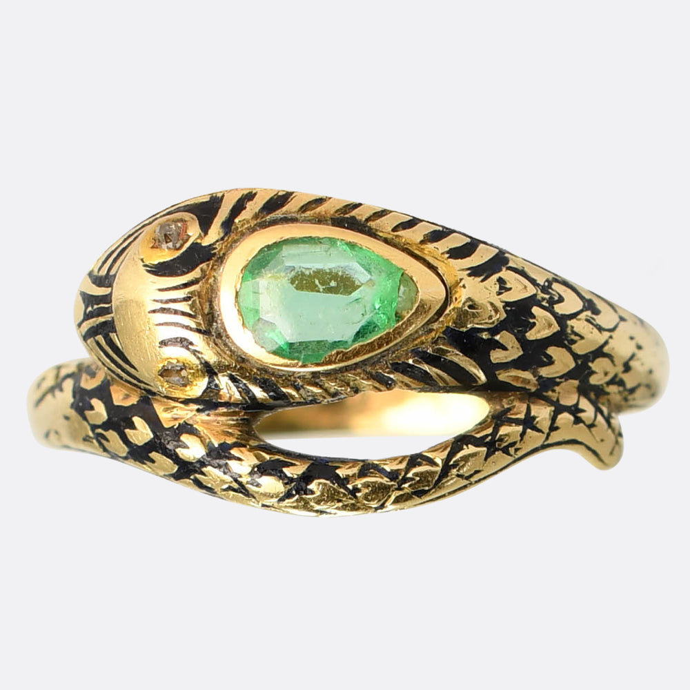 Victorian Emerald, Diamond & Enamel Snake Ring