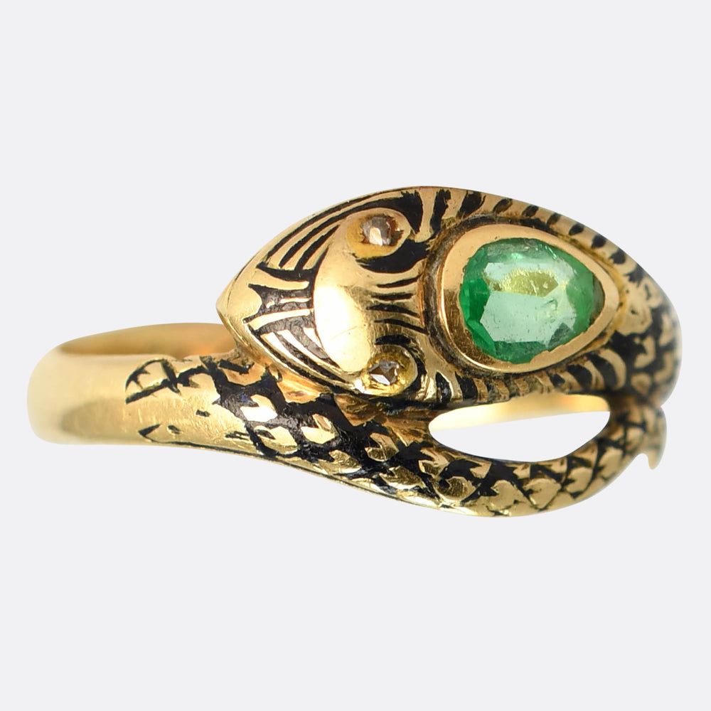 Victorian Emerald, Diamond & Enamel Snake Ring