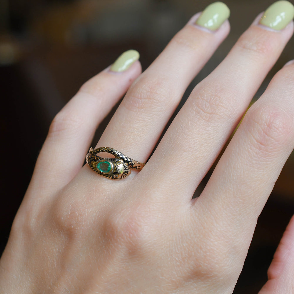 Victorian Emerald, Diamond & Enamel Snake Ring