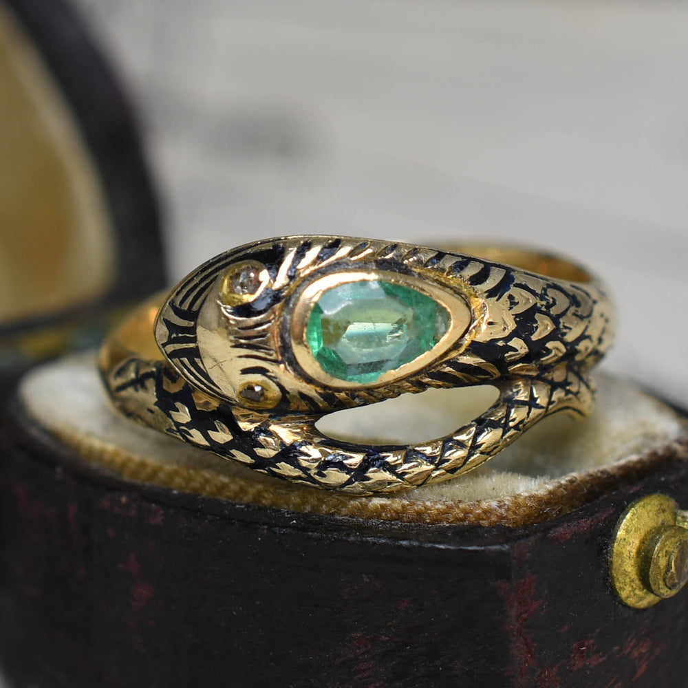 Victorian Emerald, Diamond & Enamel Snake Ring