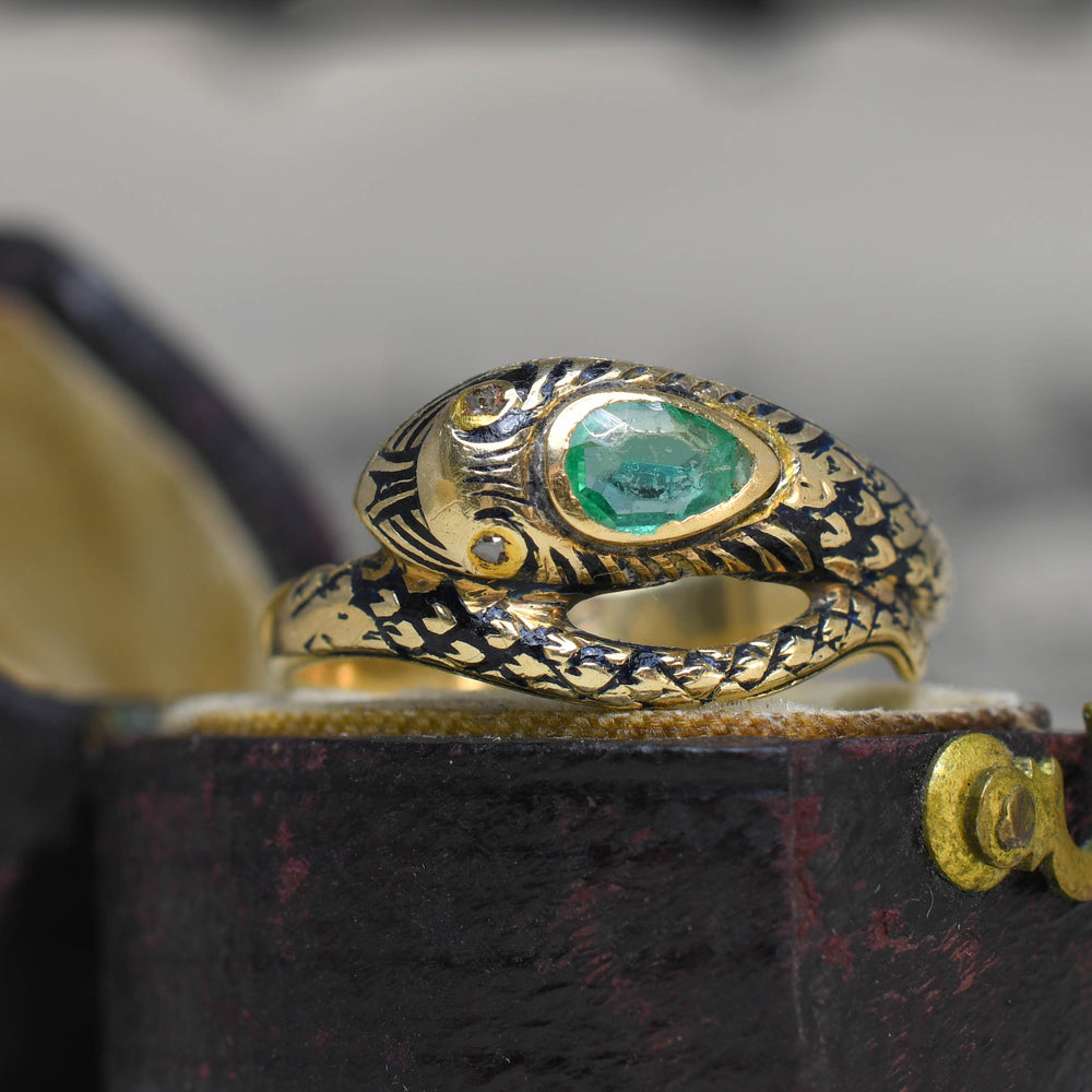 Victorian Emerald, Diamond & Enamel Snake Ring