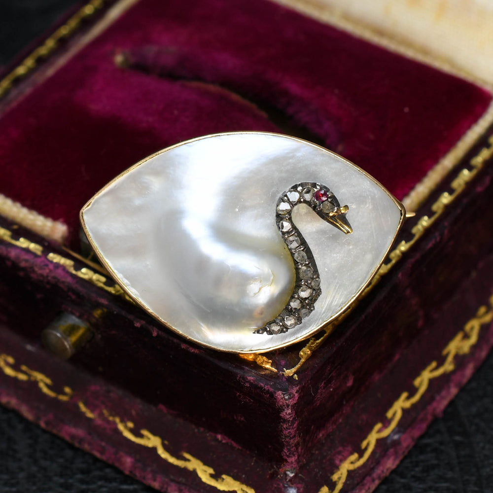 Edwardian Pearl, Diamond & Ruby Swan Brooch