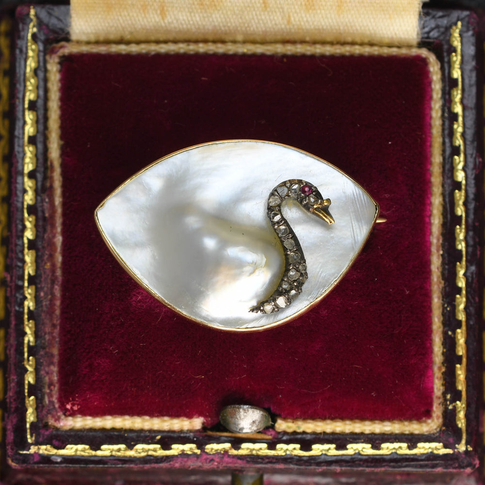 Edwardian Pearl, Diamond & Ruby Swan Brooch