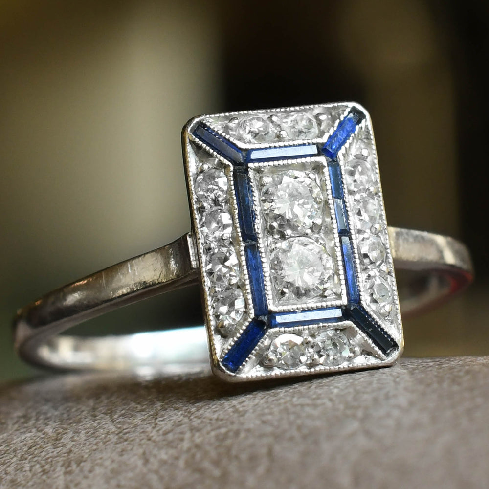 1920's French Diamond & Sapphire Geometric Cluster Ring