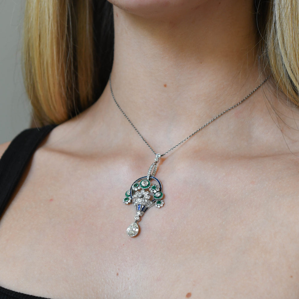 Art Deco Diamond, Sapphire & Emerald Giardinetti Pendant