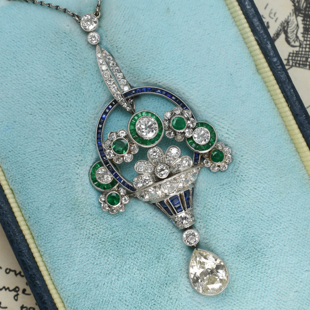 Art Deco Diamond, Sapphire & Emerald Giardinetti Pendant