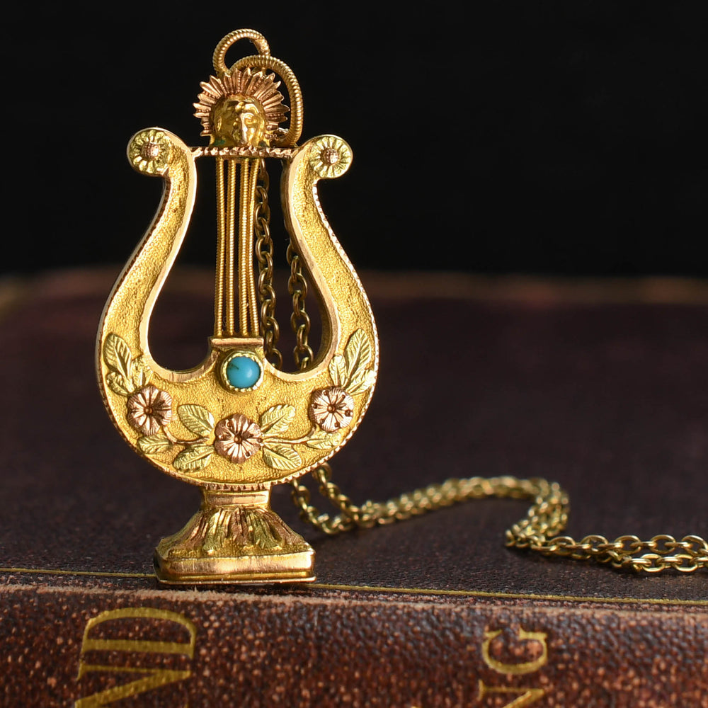 Regency Period Three-Tone Gold & Turquoise Lyre Fob Pendant