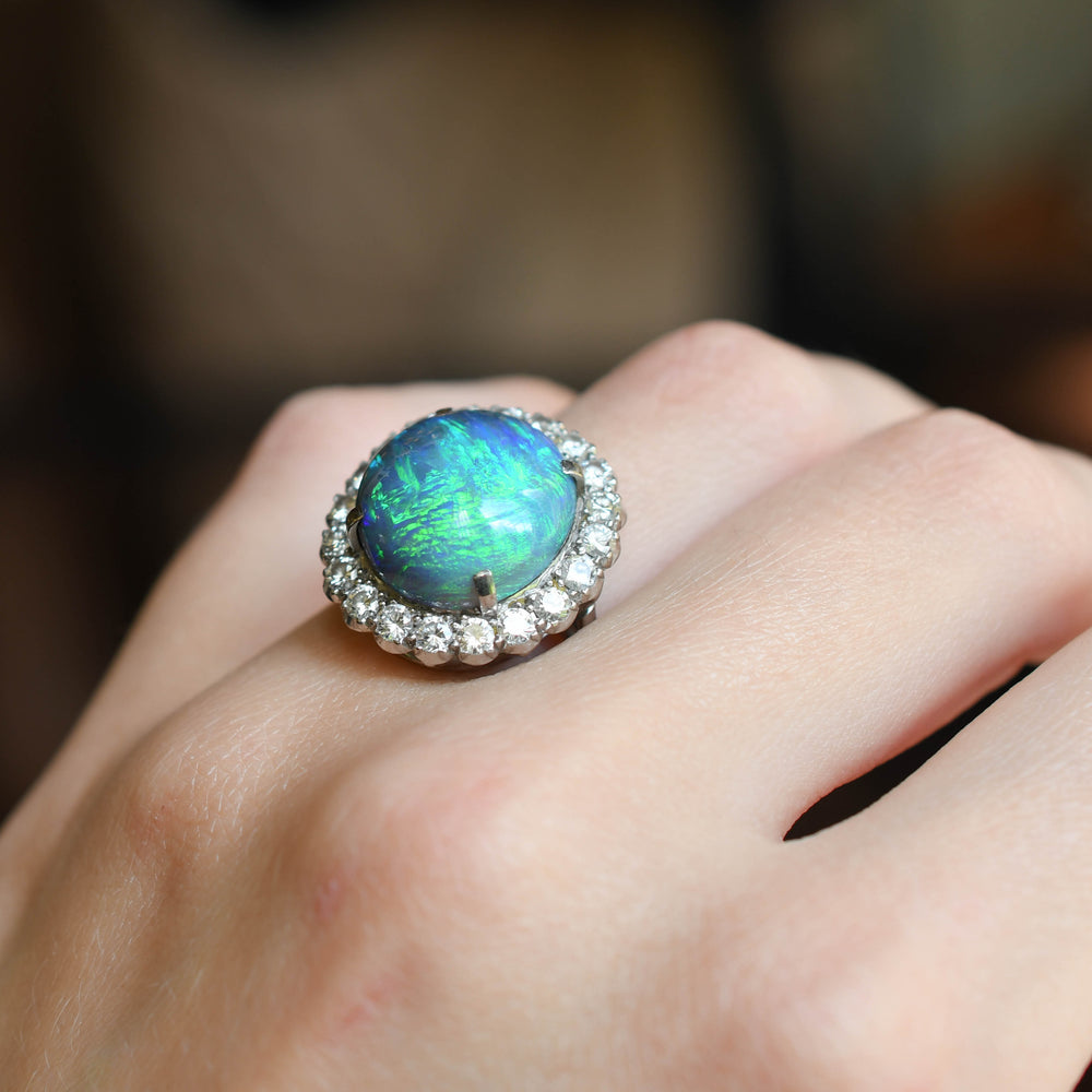 Art Deco Black Opal & Diamond Cluster Ring