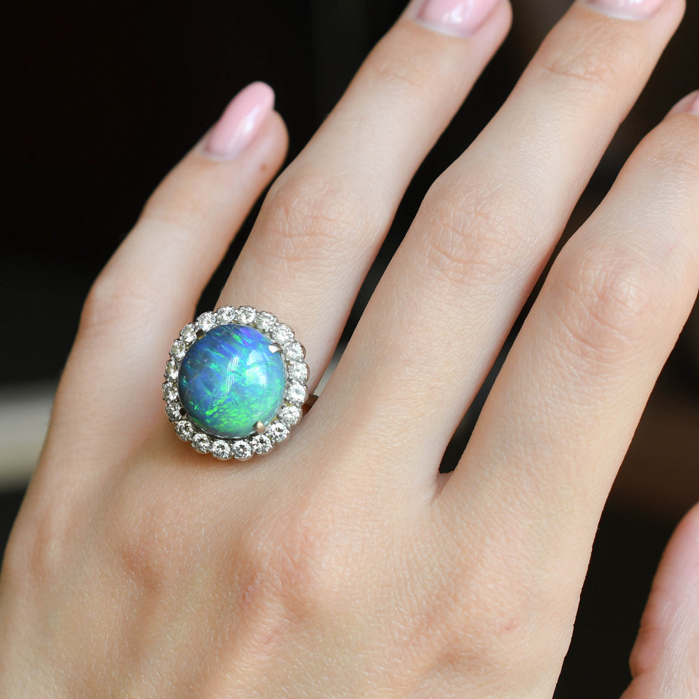 Art Deco Black Opal & Diamond Cluster Ring