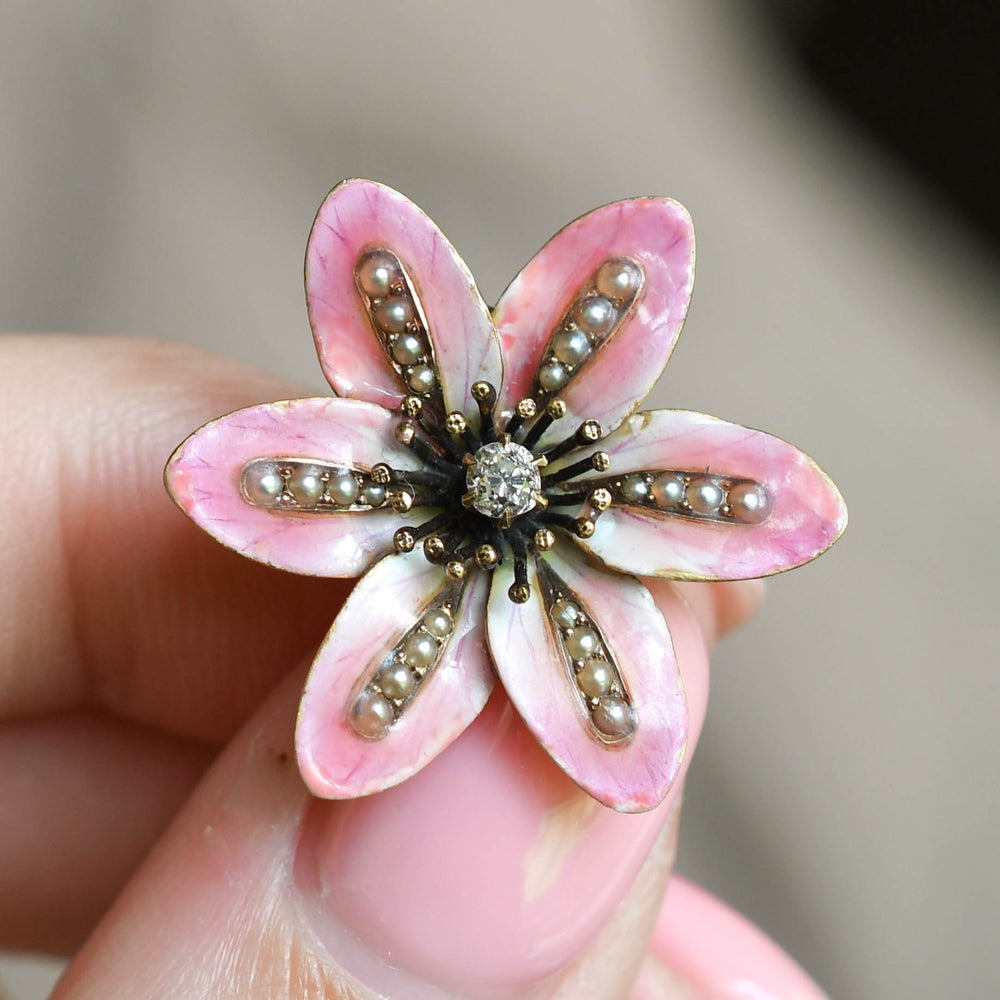 Art Nouveau Diamond, Pearl & Enamel Flower Pendant Brooch