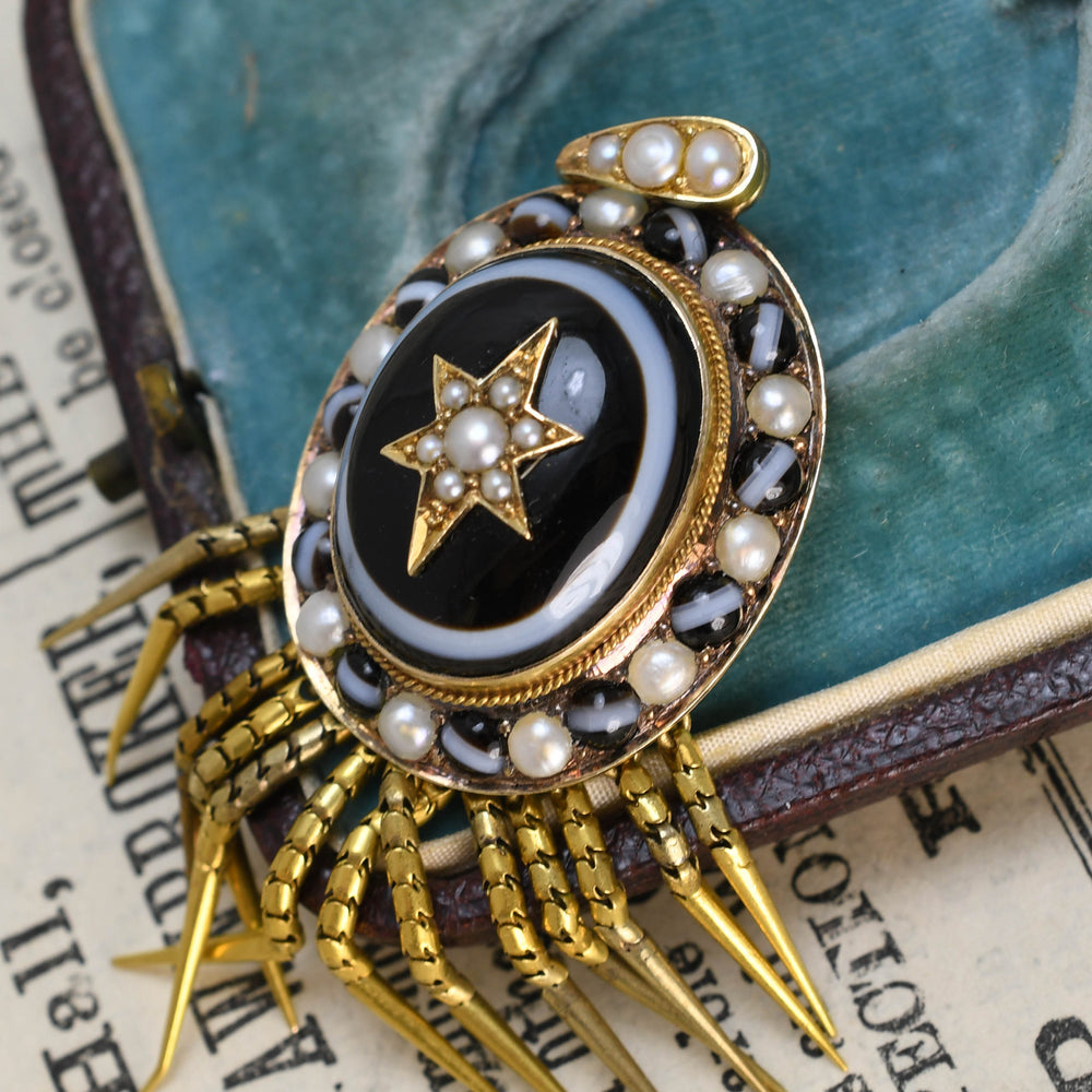 Etruscan Revival Banded Agate & Pearl Star Locket