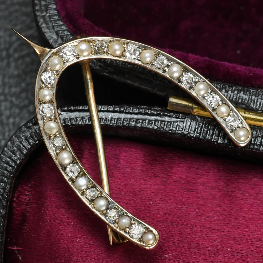 Victorian Diamond & Pearl Lucky Wishbone Brooch