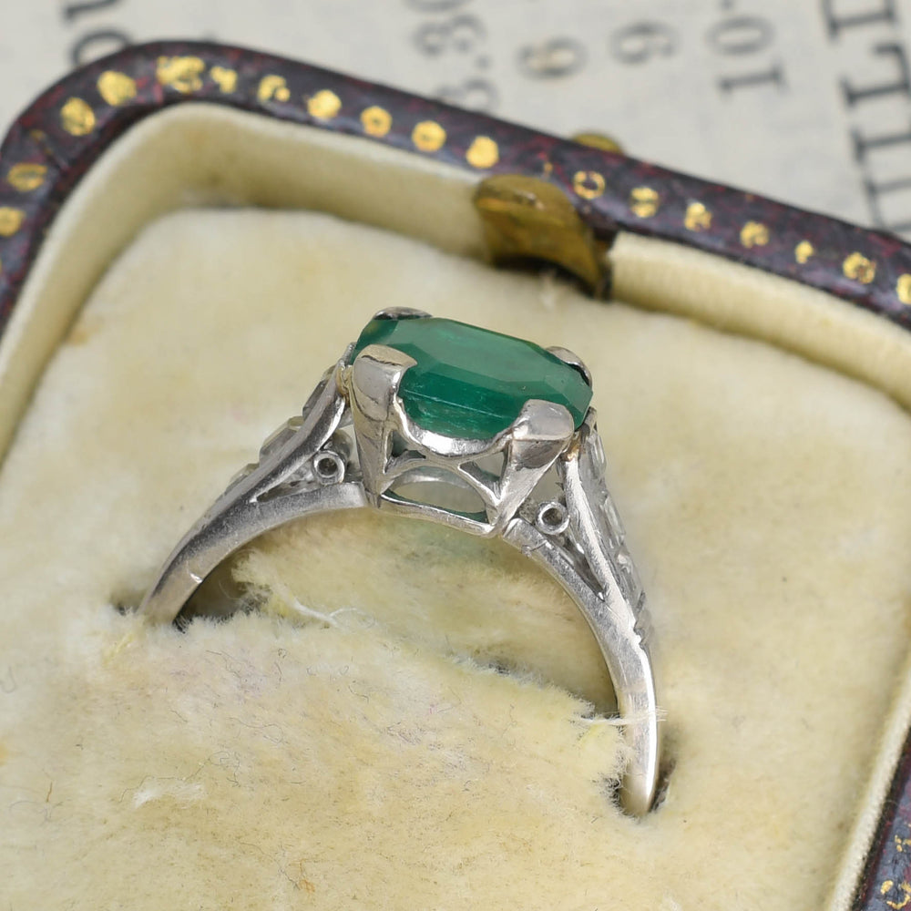 Art Deco Emerald & Asscher Cut Diamond Engagement Ring