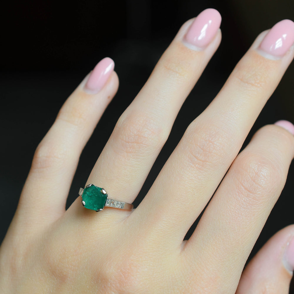 Art Deco Emerald & Asscher Cut Diamond Engagement Ring