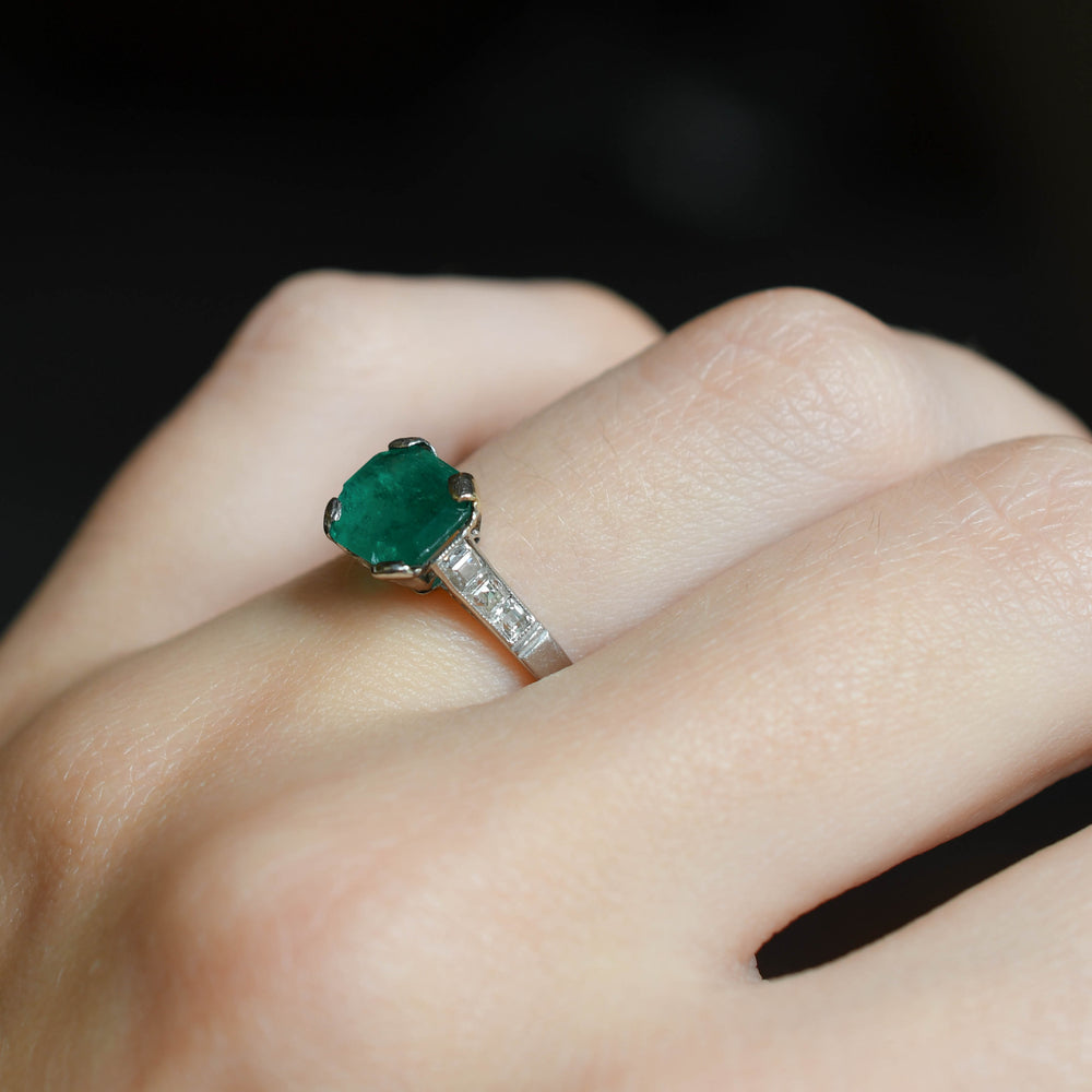 Art Deco Emerald & Asscher Cut Diamond Engagement Ring