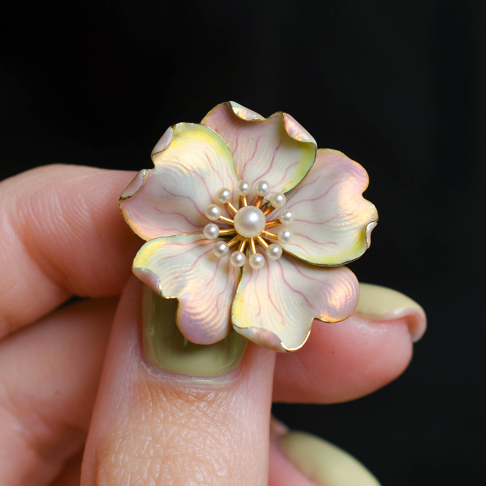 Art Nouveau Enamel & Pearl Rose Brooch