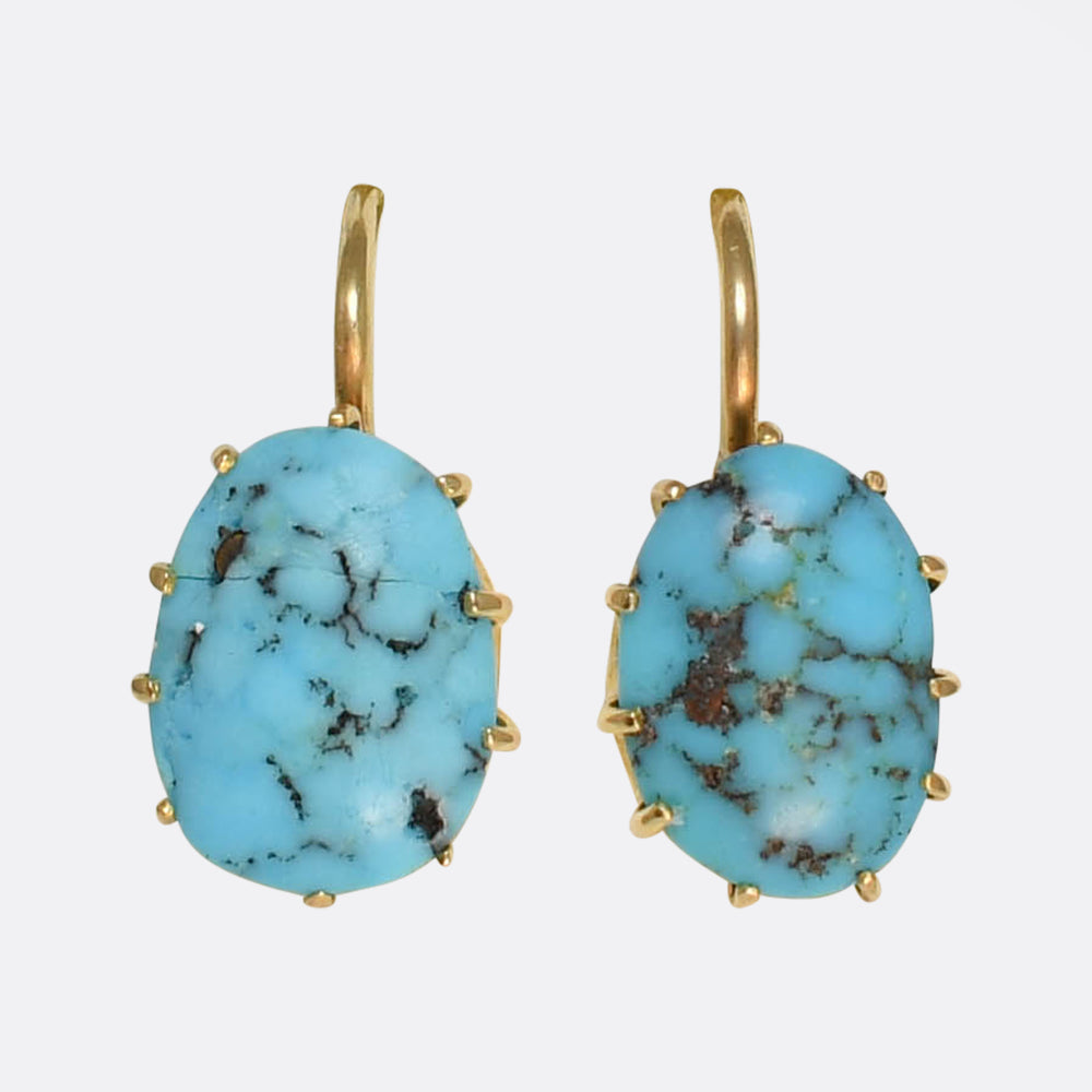 Edwardian 15k Gold Turquoise Matrix Earrings