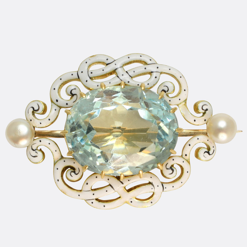 Edwardian 9.8ct Aquamarine, Pearl & Enamel Brooch