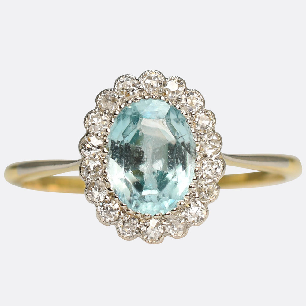 Edwardian Aquamarine & Diamond Flower Cluster Ring