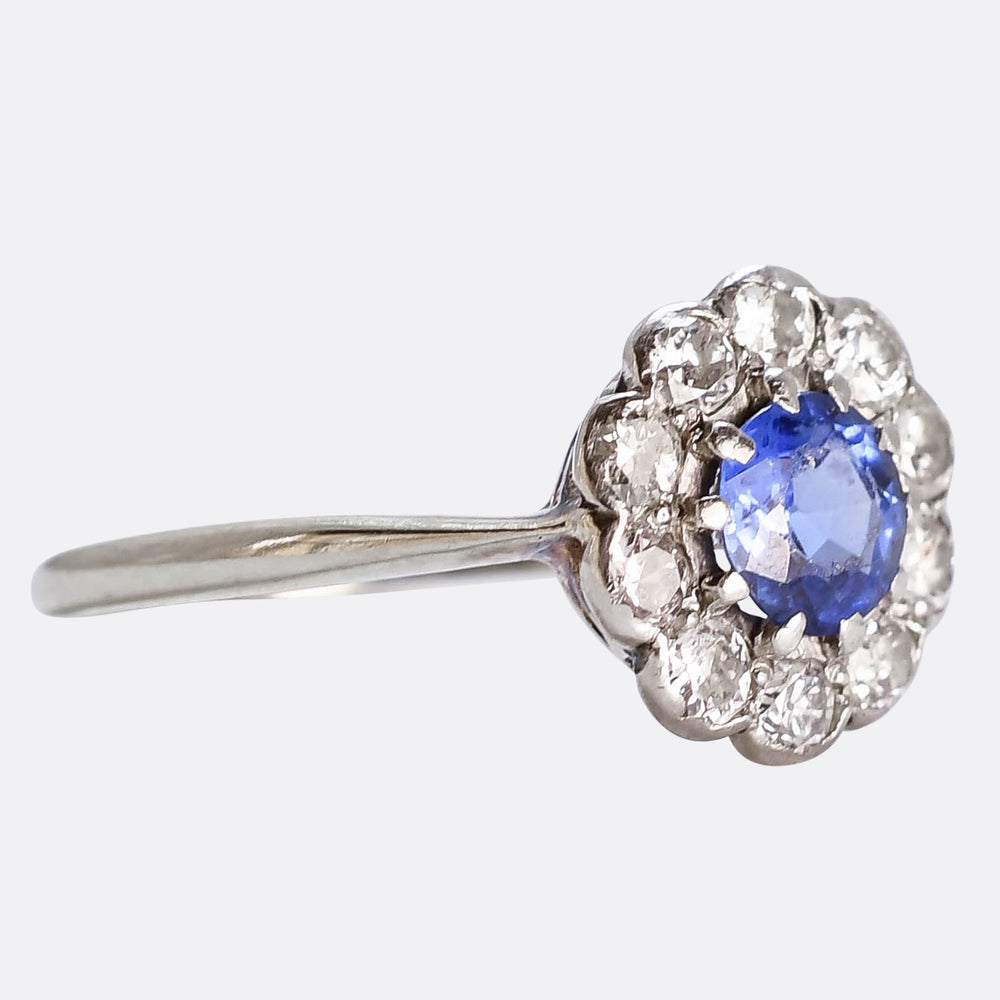 Edwardian Ceylon Sapphire & Diamond Cluster Ring