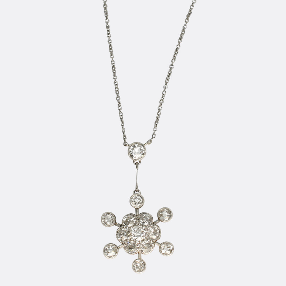 Edwardian Diamond Flower Cluster Drop Necklace